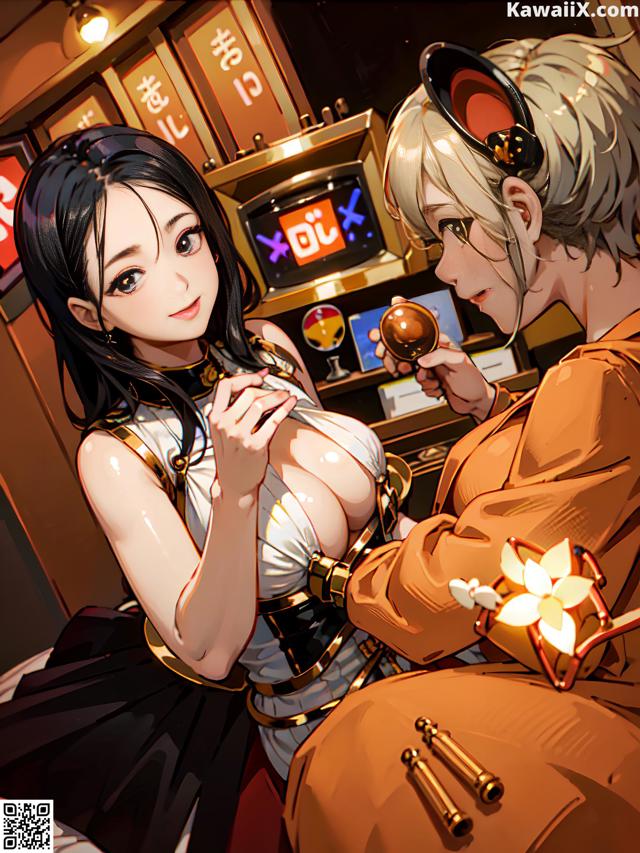 A couple of anime characters sitting next to each other.