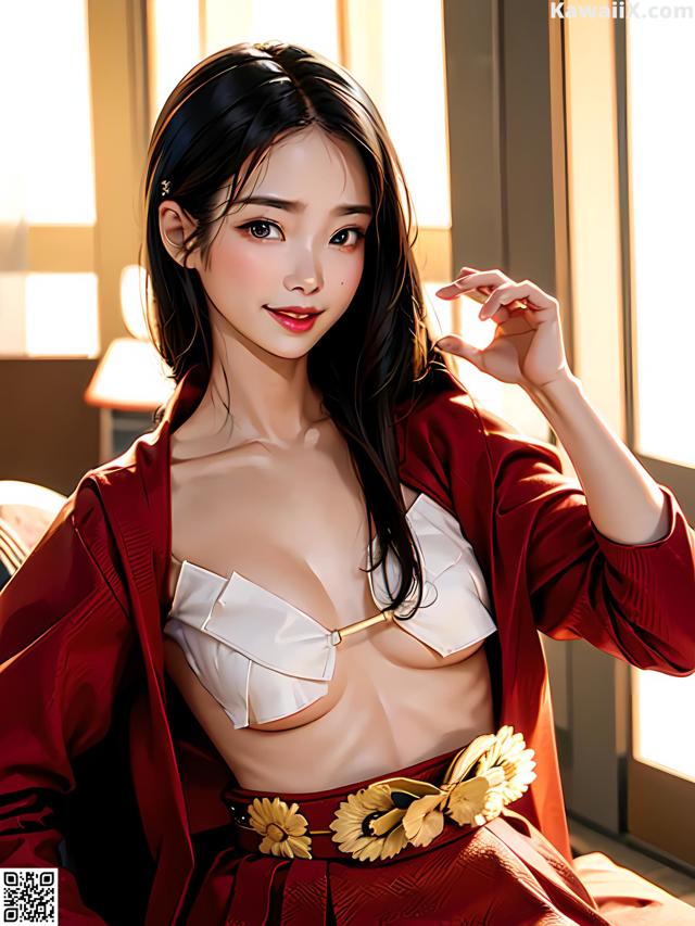 A woman in a red kimono sitting on a bed.